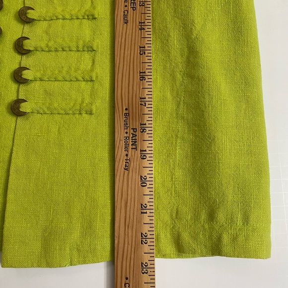 Peacock Ways 100% Linen Blazer Asian Coin Trim Jacket Pockets Lime Green/Black - Picture 4 of 11